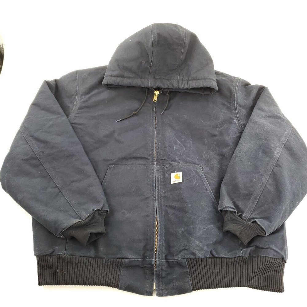 Vintage Carhartt J140 DNY Dark Navy Blue Mens SIZE XL Hooded Zip Up Jacket Coat